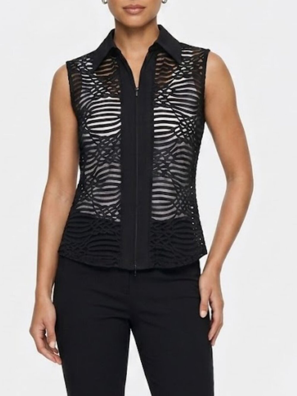 Elegant Sleeveless Collared Zippered Blouse W/Sheer Texture Size 14